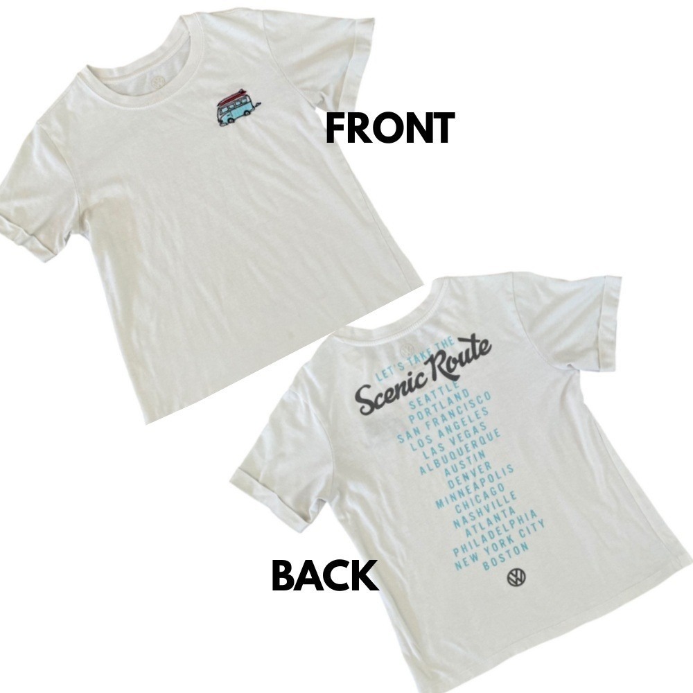 Volkswagen Scenic Route‎ Embroidered T-Shirt Womens S Cuff Sleeve Crew Neck